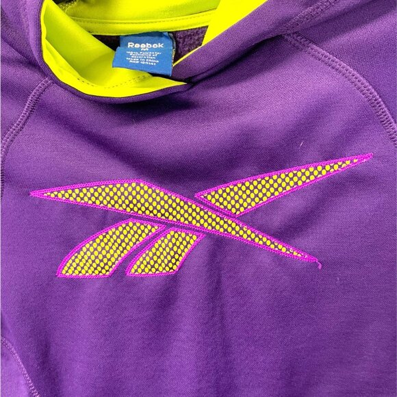 REEBOK Hoodie Youth Purple Size Medium Neon Yellow Lining Kangaroo Pocket Logo - Picture 4 of 6